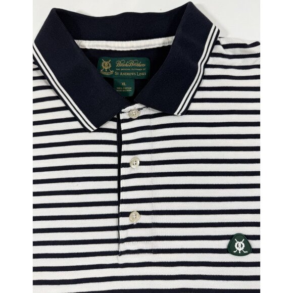 Brooks Brothers Mens St Andrews Golf Links Polo Shirt Size XL Navy White Striped - Picture 1 of 15